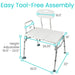 White adjustable bath chair with measurements on a white background