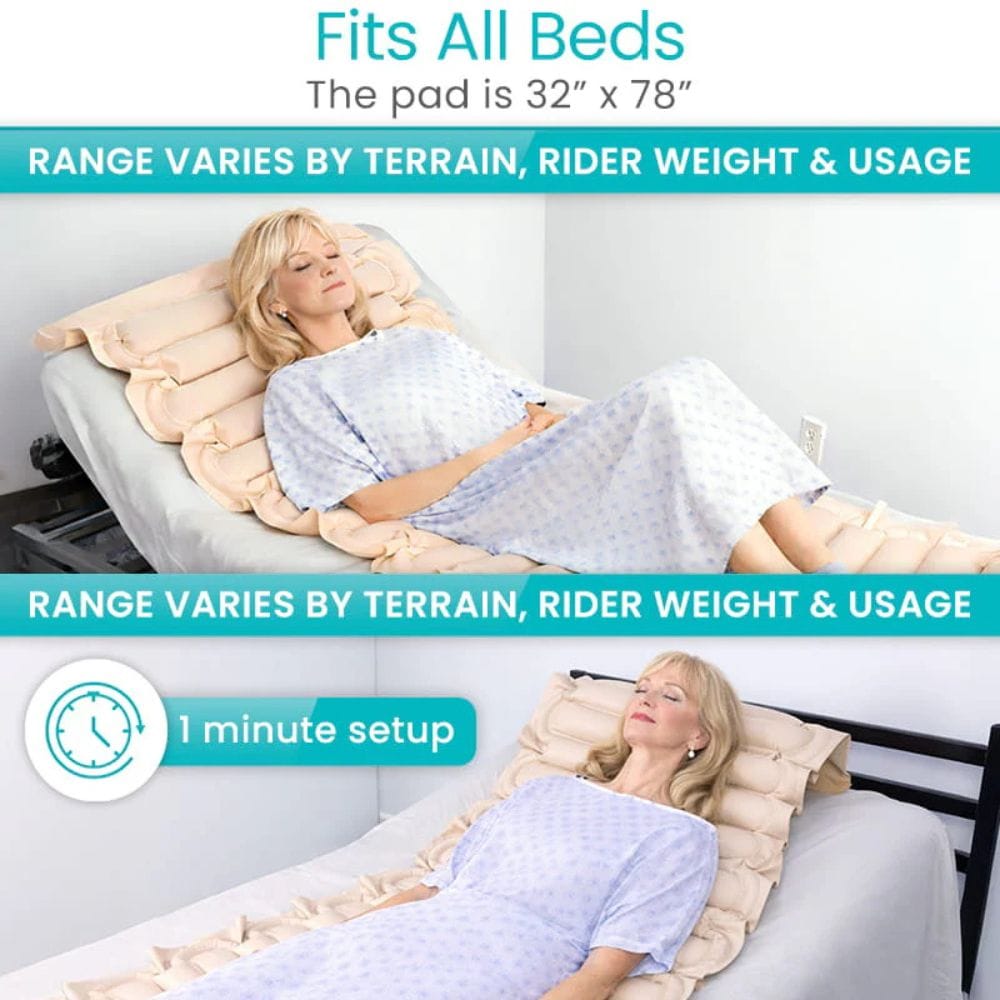 Woman lying on a bed with a heating pad, text indicating pad size and setup time.