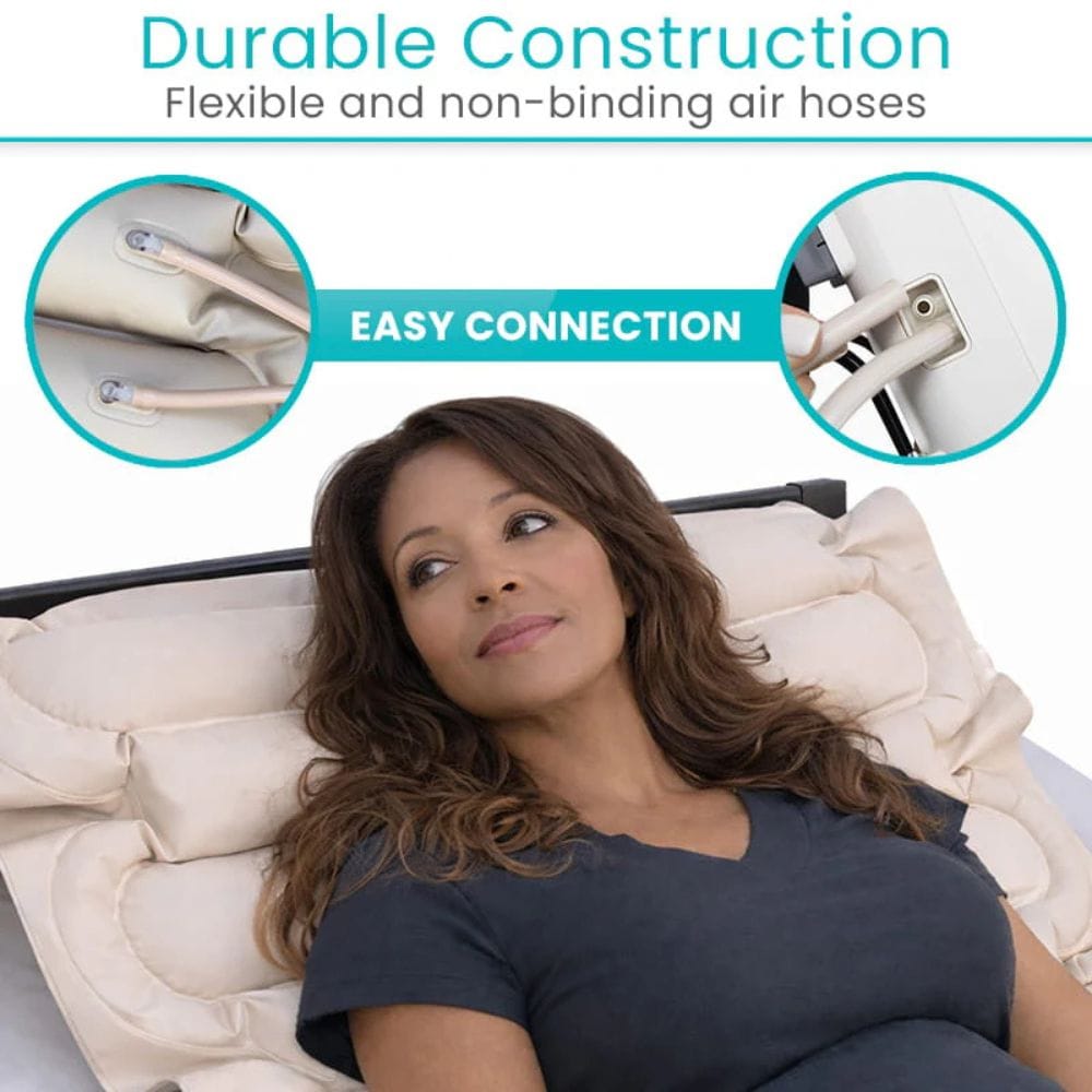 Woman lying on a massage table with text about durable construction and easy connection of air hoses.