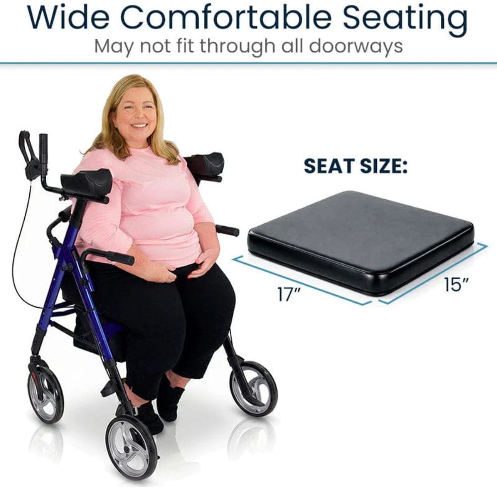 Woman using a rollator with a highlighted seat size measurement on a white background