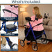 Woman using a walker with features highlighted, including a seat, padded backrest, storage bag, and cane/umbrella holder.