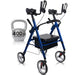 Blue walker with a black seat next to a gray kettlebell labeled '400 lb capacity' on a white background