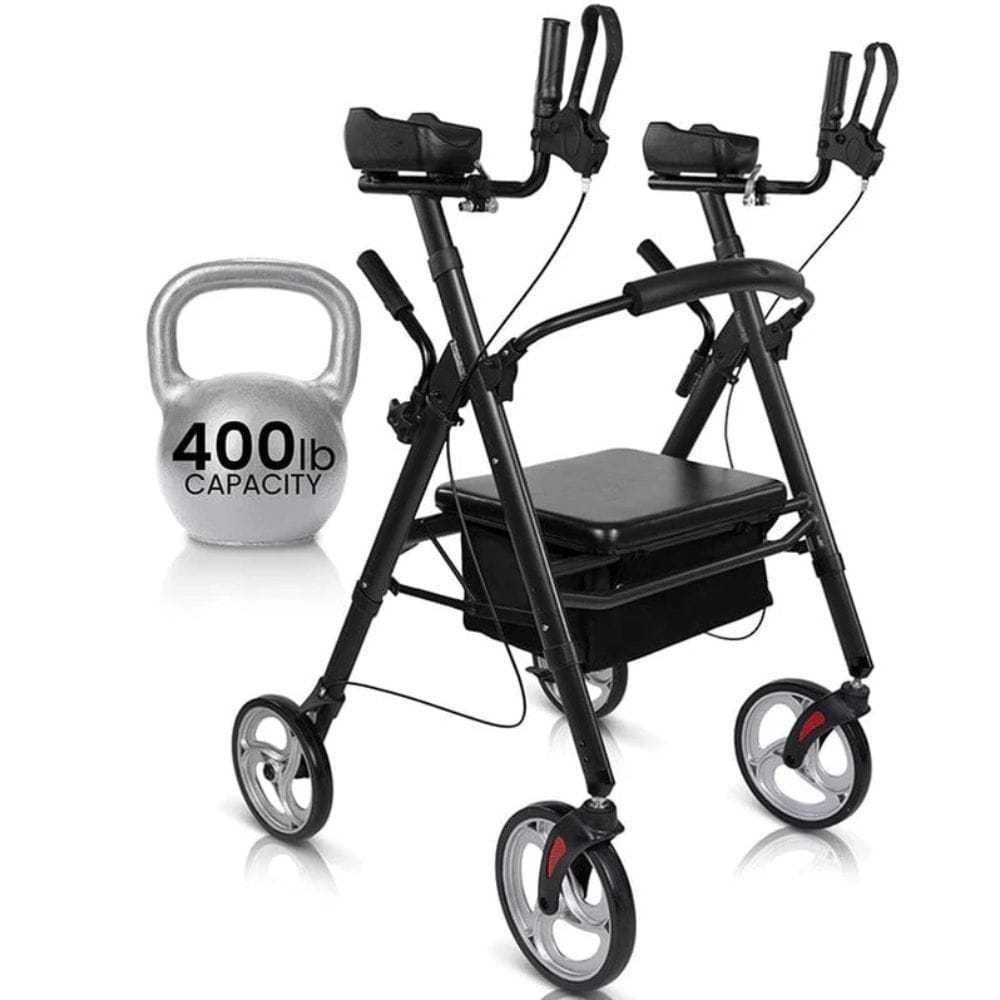 Black walker with a kettlebell labeled '400 lb capacity' on a white background