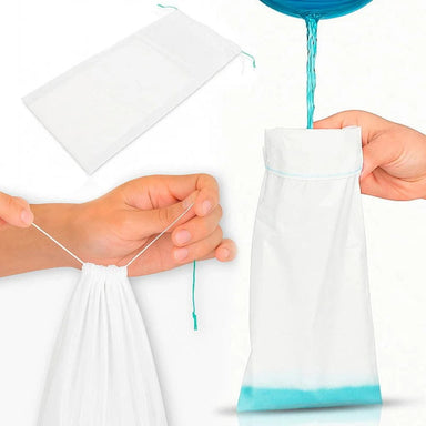 Person pouring water into a white mesh bag with blue accents on a white background
