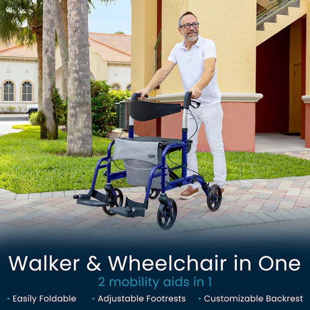 Man using a walker and wheelchair combination outdoors with text highlighting features.