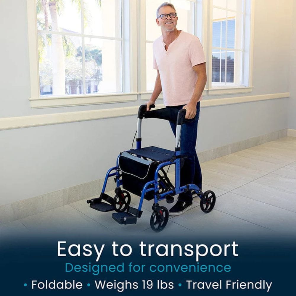 Man using a foldable walker in a room with large windows.