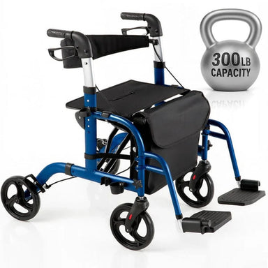 Blue walker with a black seat and gray kettlebell labeled '300 lb capacity' on a white background
