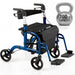 Blue walker with a black seat and gray kettlebell labeled '300 lb capacity' on a white background