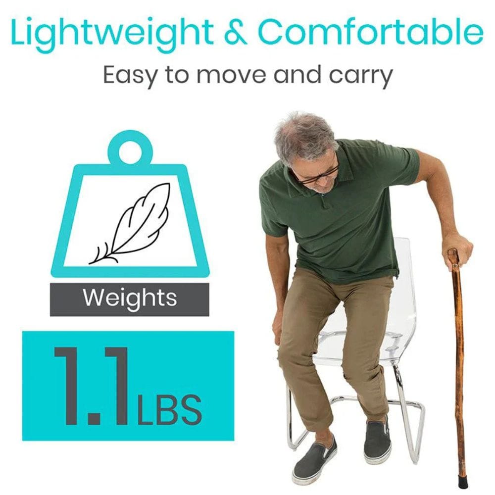 Man using a walking stick with text highlighting weight and comfort features on a white background