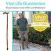 Man holding a walking cane with 'Vive Health' branding and lifetime guarantee promise.