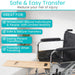 Wheelchair with transfer board and text highlighting benefits on a white background