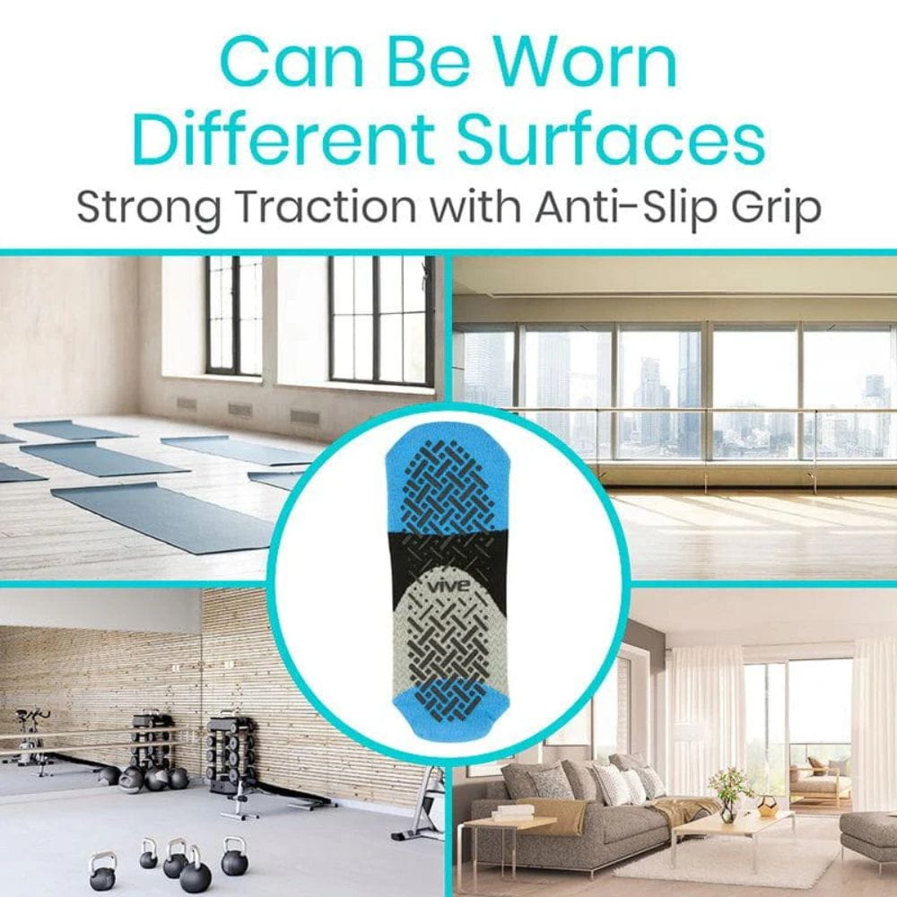 Product with anti-slip grip shown in a living room and gym setting, text indicating it can be worn on different surfaces.