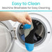 Hand placing a blue and black sock into a washing machine with text 'Easy to Clean' and 'Machine Washable for Easy Cleaning'.