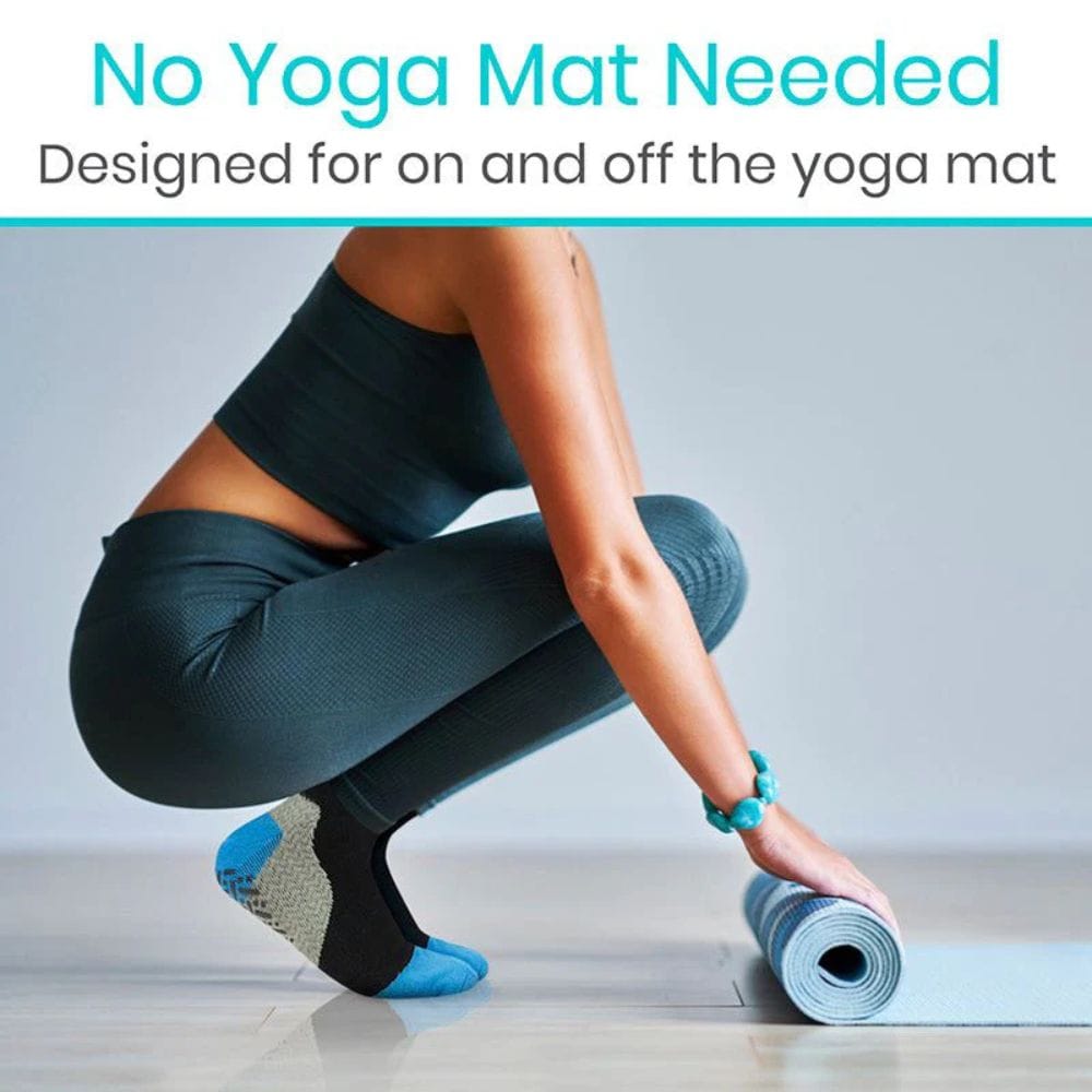 Person in green athletic wear rolling out a yoga mat with text 'No Yoga Mat Needed' on a light gray background.