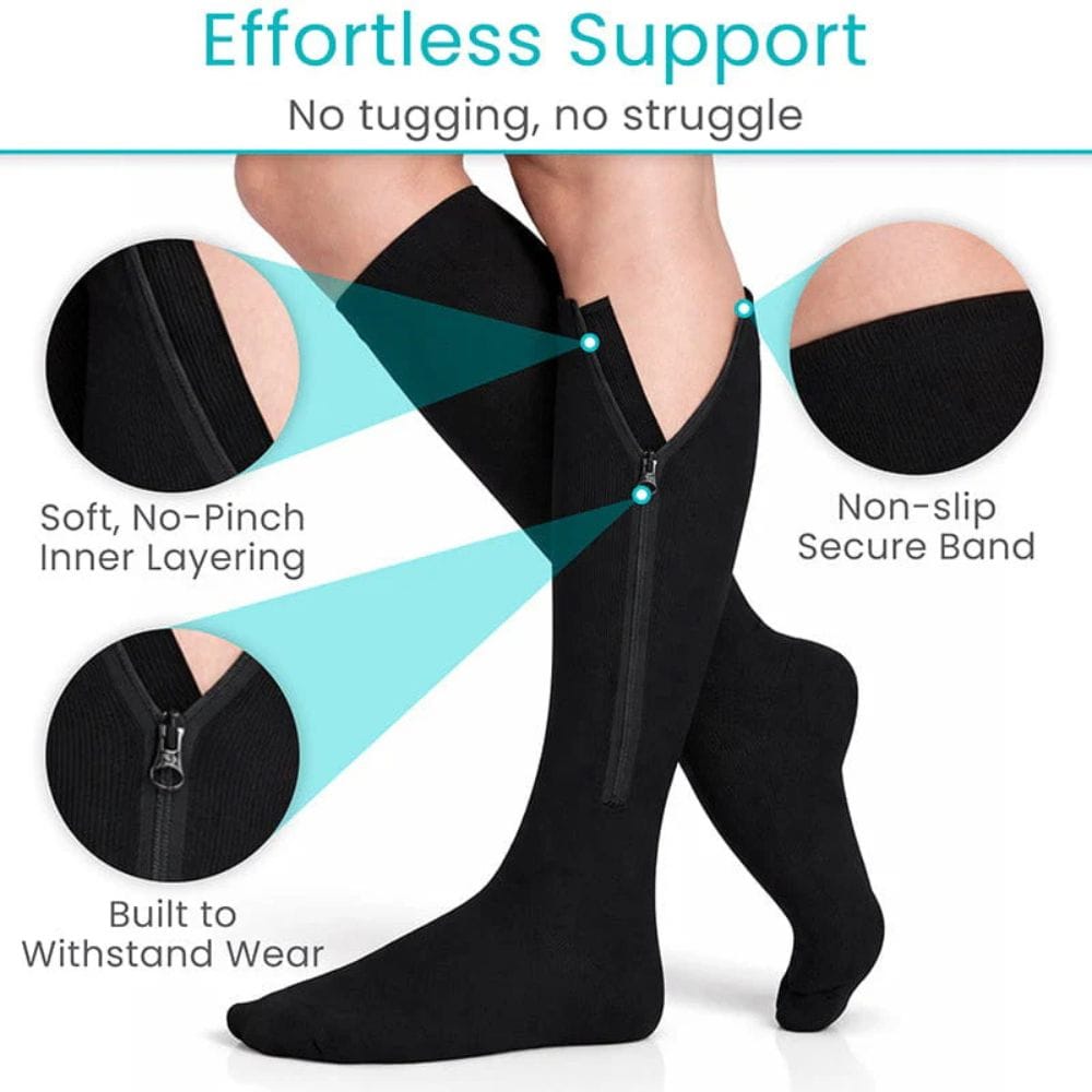 Black knee-high socks with features highlighted on a white background