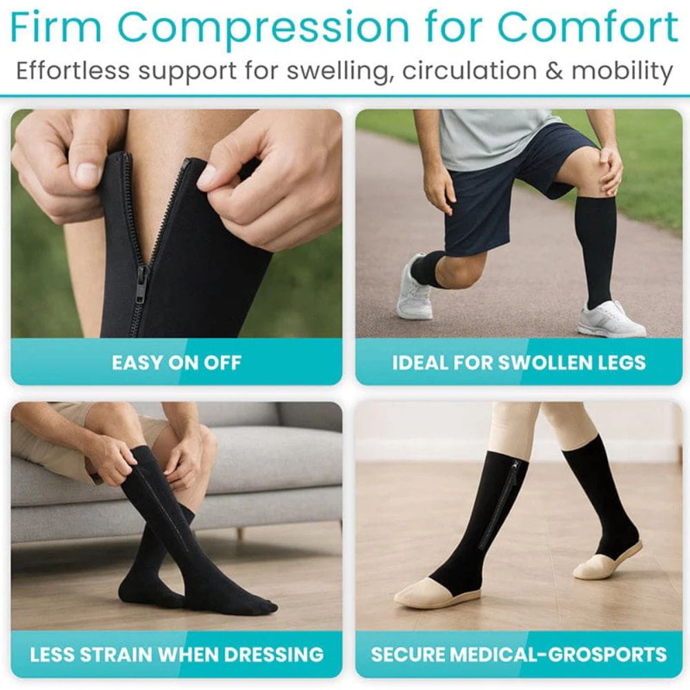 Compression socks with text highlighting features like ease of use, suitability for swollen legs, and security.