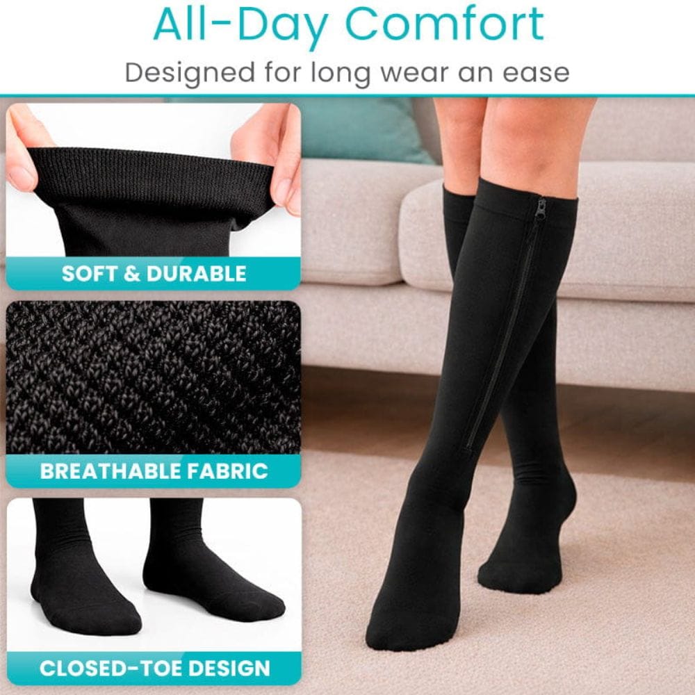 Black knee-high socks with text highlighting features like 'All-Day Comfort', 'Soft & Durable', 'Breathable Fabric', and 'Closed-Toe Design'.