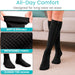 Black knee-high socks with text highlighting features like 'All-Day Comfort', 'Soft & Durable', 'Breathable Fabric', and 'Closed-Toe Design'.