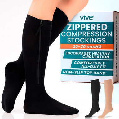 Black zipped compression stockings with Vive packaging on a white background