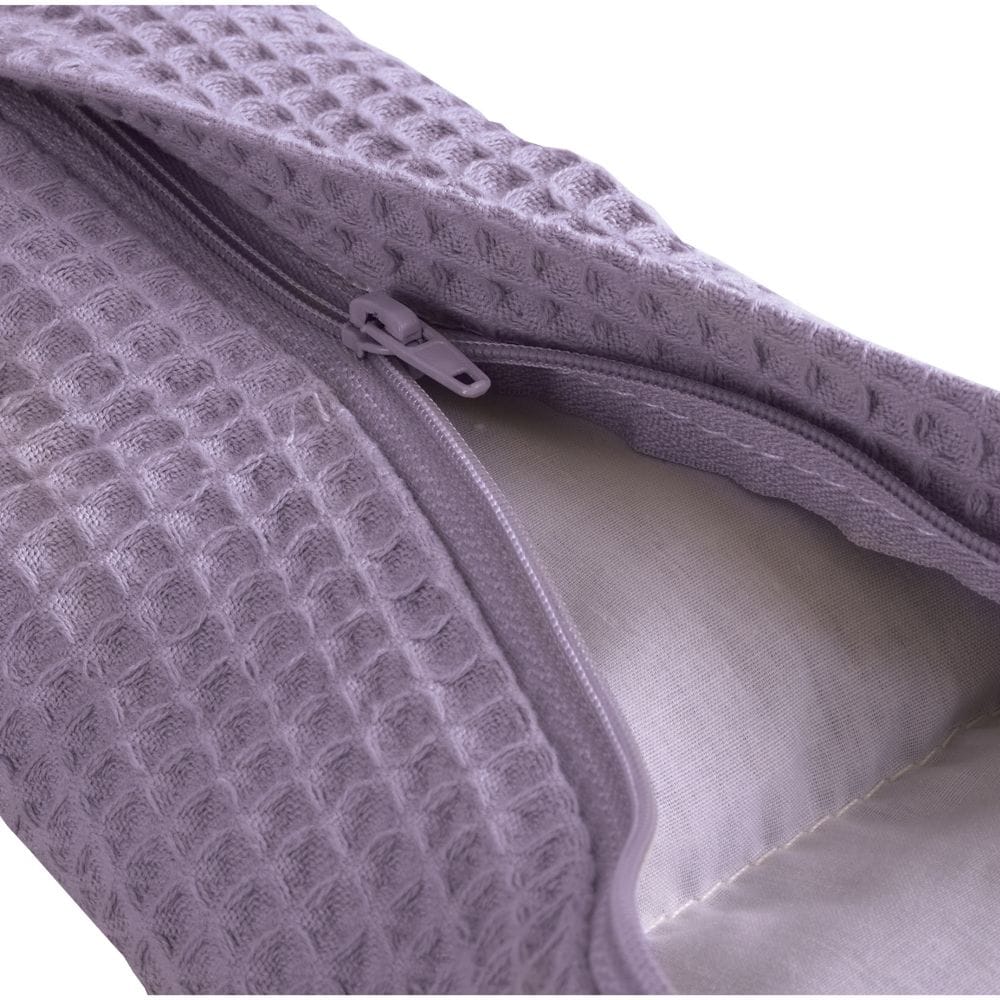 Close-up of a textured purple blanket with a zipper on a white background