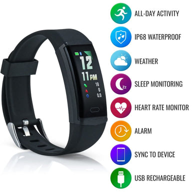 Black fitness tracker with features listed on a white background