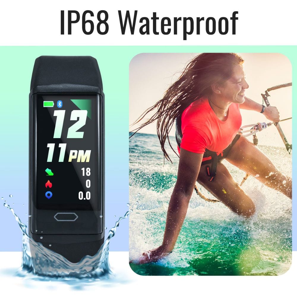Smartwatch with water splashes on a light blue background, next to an image of a person water skiing.
