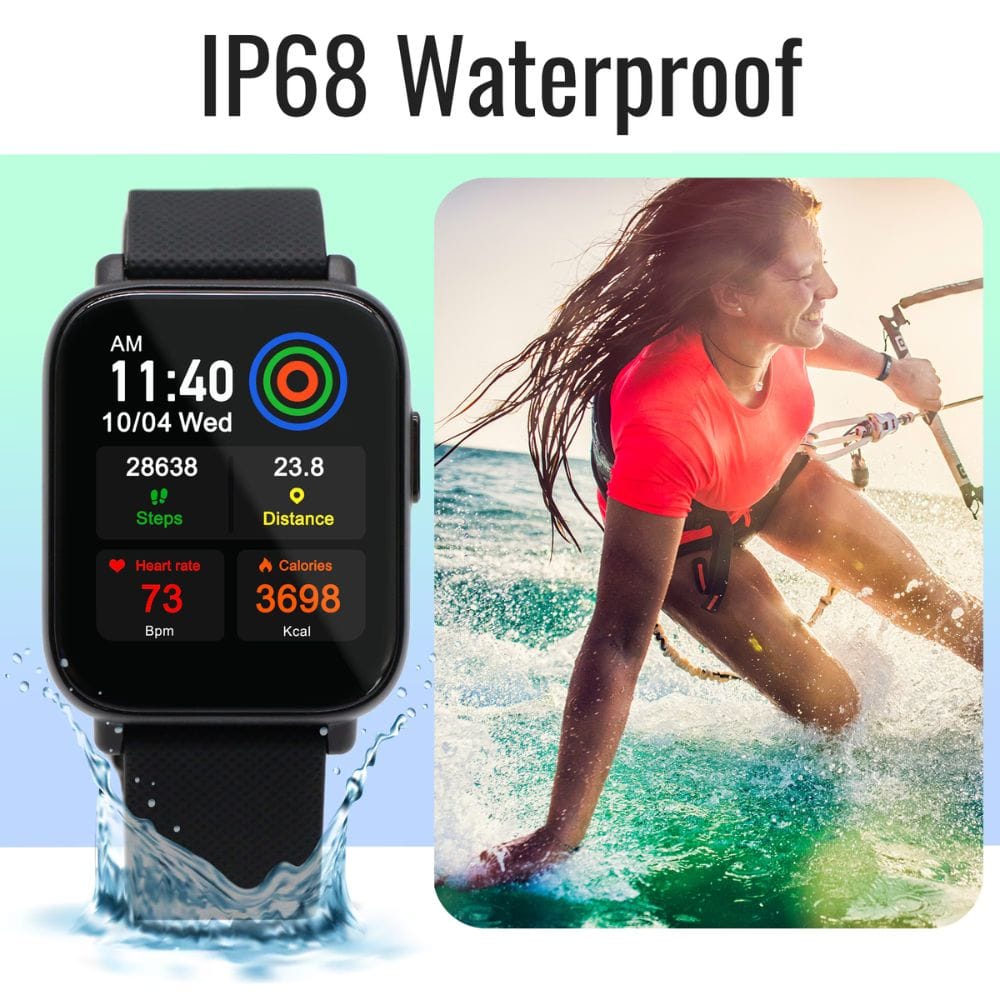 Smartwatch with water splashes on a light blue background, next to an image of a person water skiing.