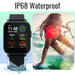 Smartwatch with water splashes on a light blue background, next to an image of a person water skiing.