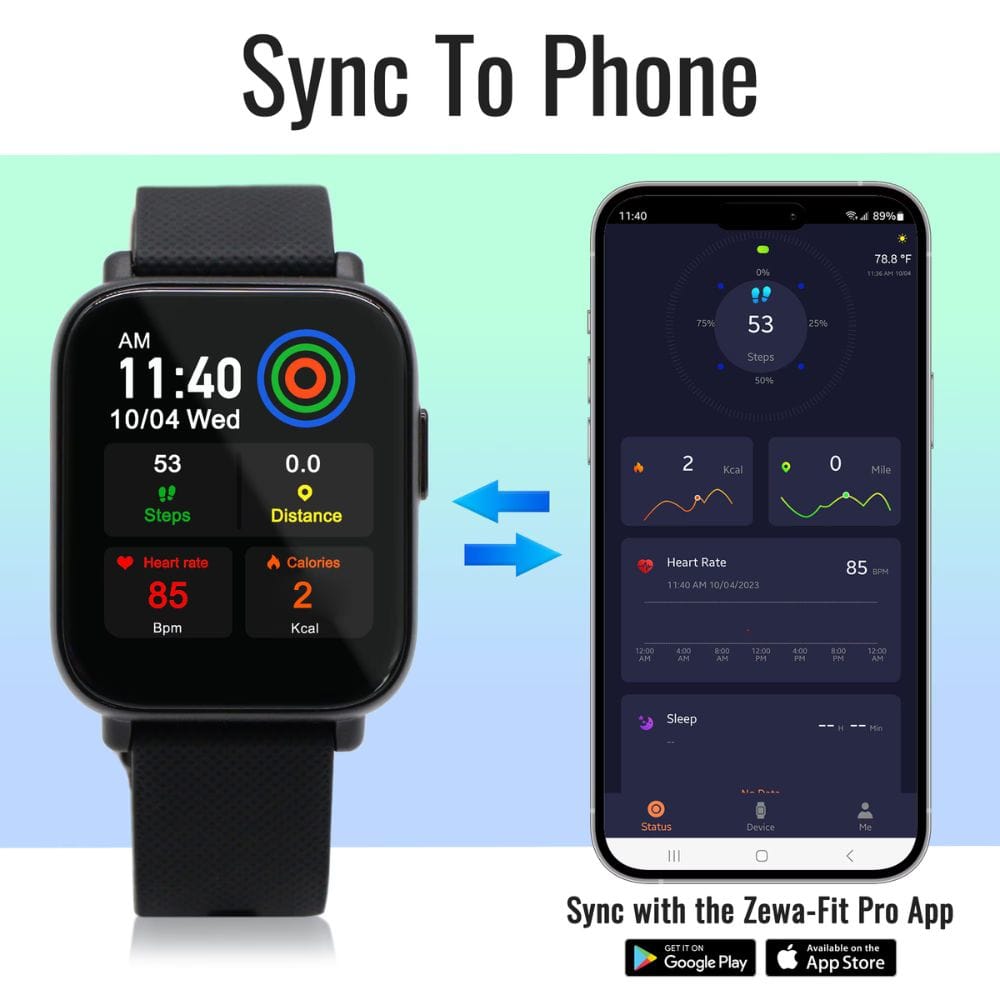 Smartwatch and phone displaying synchronization with Zewa-Fit Pro app on a light green and blue gradient background.
