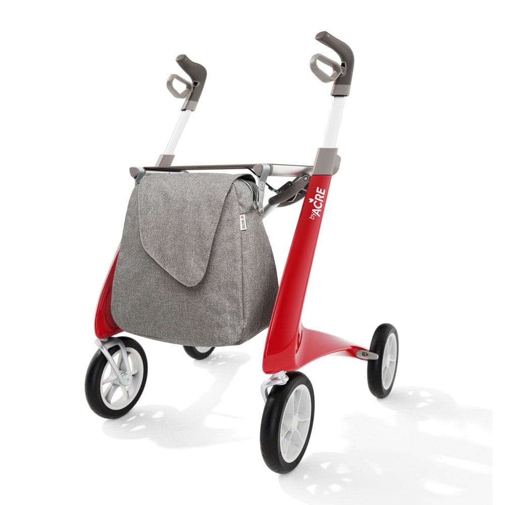 Red scooter with gray bag on a white background
