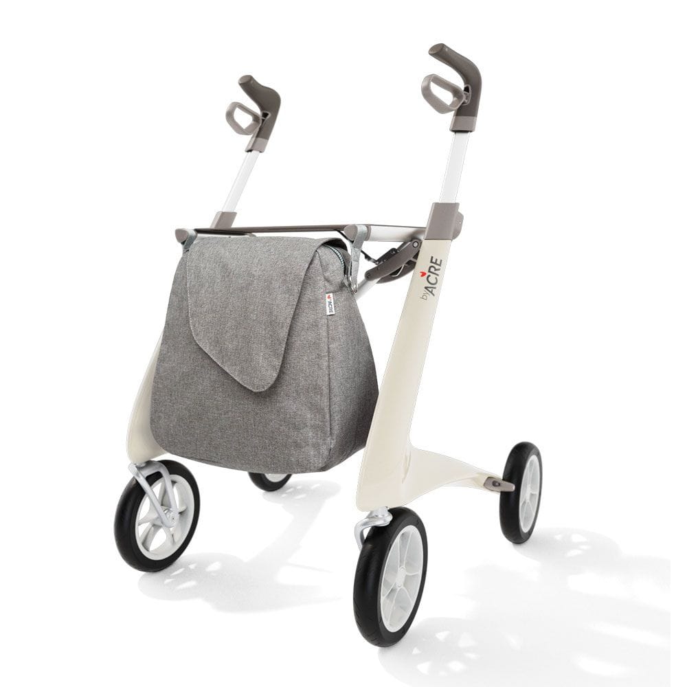 Gray bag attached to a white and gray stroller on a white background