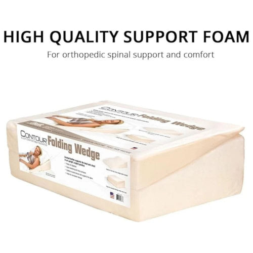 Contour Folding Wedge mattress topper in cream-colored support foam, shown with its retail packaging and a text overlay at the top reading 'HIGH QUALITY SUPPORT FOAM'.