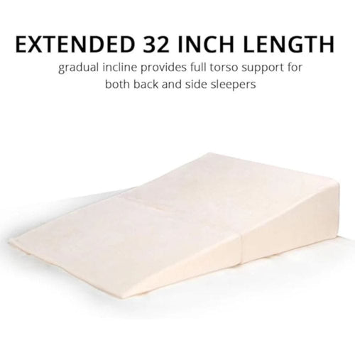 A wedge-shaped sleep pillow shown on a white background with text above reading 'EXTENDED 32 INCH LENGTH' and smaller descriptive copy about gradual incline support for back and side sleepers.