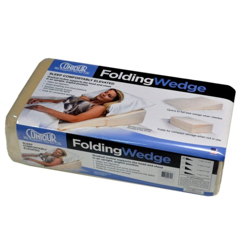 Contour Brand Folding Wedge sleep comforter in its original retail packaging, featuring a beige cushion and blue and white printed box.
