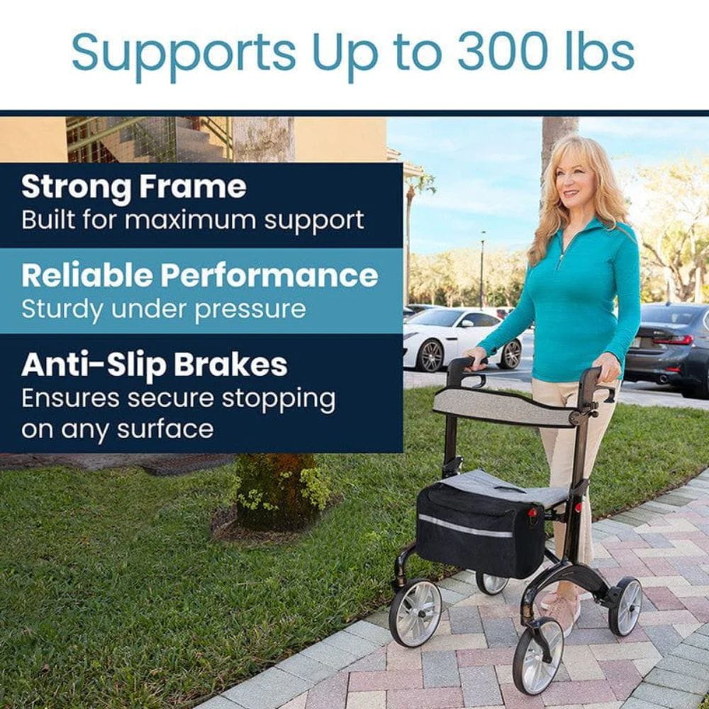 Woman using a walker with text highlighting features on a clear background