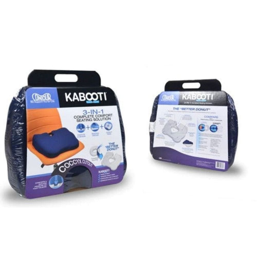 Two packaged KABOOTTI 3-in-1 complete comfort seating solutions shown on a white background, with one package front view and one package back view.