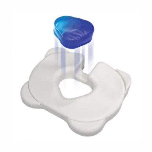 A white plastic baby potty training seat with a blue translucent cover or liner shown above it on a plain white background.