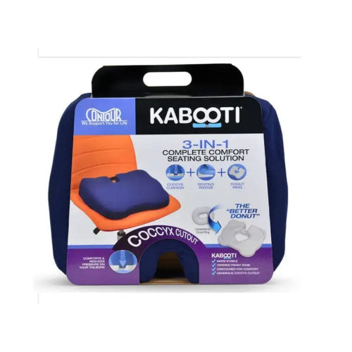 Kabooti 3-in-1 Complete Seating Solution in its retail packaging, featuring a coccyx cutout seat pad in purple and orange, shown on a white background.