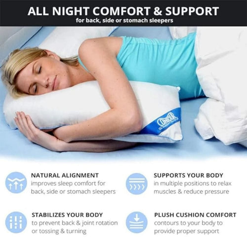 A woman sleeping on her side rests her head on a white contoured pillow with a blue brand label. The image includes marketing text at the top and four feature callouts at the bottom highlighting natural alignment, body support, stabilization, and plush cushion comfort.