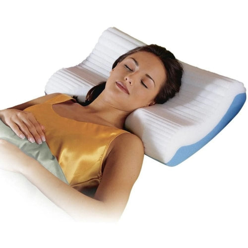 Woman sleeping on a white pillow with blue accents