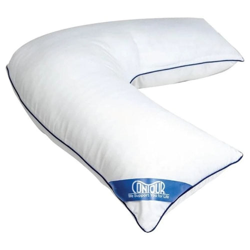 White U-shaped pillow with blue accent on a white background, featuring the Contour brand.