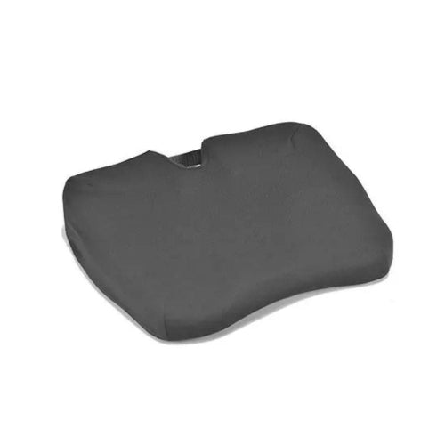 A dark gray contoured seat cushion with a small integrated black strap at the top, shown on a plain white background.