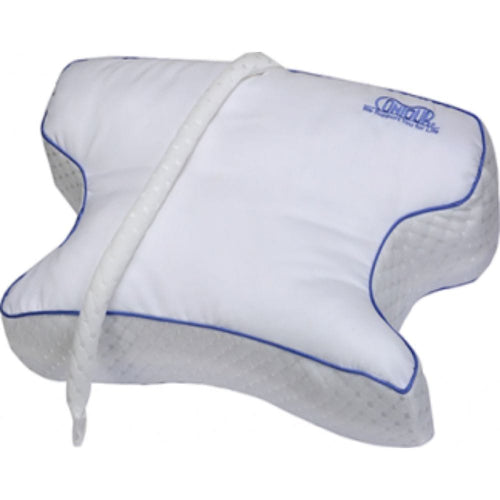 A white contoured neck pillow with blue piping and a thick white rope handle, featuring the Uni-P brand logo on the upper right.