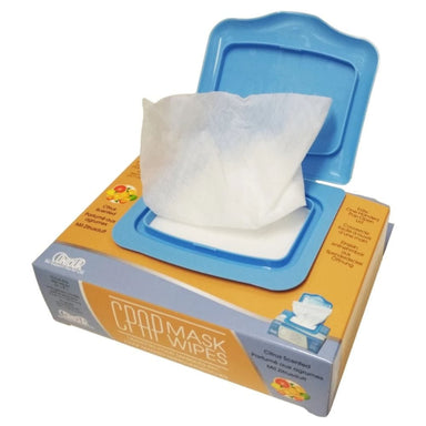 Box of CPAP mask wipes with a blue lid and white wipes inside, on a white background.