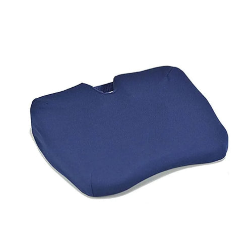 A navy blue ergonomic chair cushion with a contoured design and a central opening, shown on a plain white background.