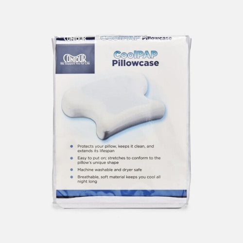 A packaged Uniqool CoolPAP Pillowcase shown in its retail box on a light gray background. The white box features a blue and gray design with a photo of the white pillowcase.
