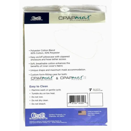 CPAPmax Pillowcase by Conair in its original retail packaging, featuring a white and blue design with product details, a barcode, and usage instructions.