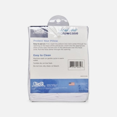 A packaged Cenip Lowcase pillow protector case shown from the back, featuring a white and blue design with product instructions and a barcode on a light gray background.