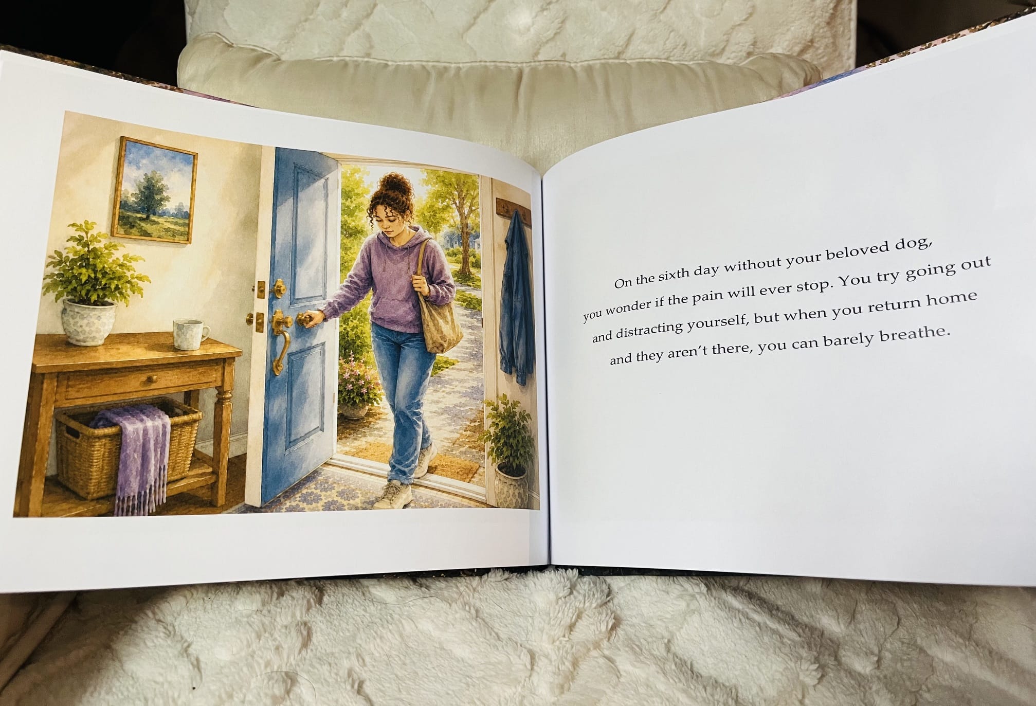 Open illustrated pages from The Days Without Your Beloved Dog about returning home after losing a beloved dog